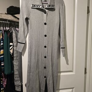 DKNY Gray Long Cardigan with Black Accents